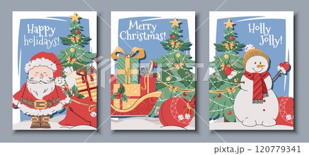 Set of Christmas greeting cards with Santa Claus, snowman, gifts, and a Christmas tree on a blue background in a flat cartoon style. Vector illustration for poster, banner, invitation, etc. 120779341