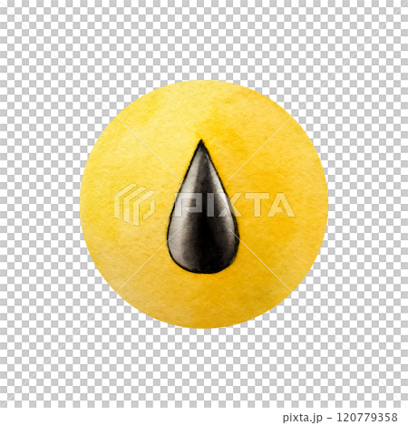 Oil drop symbol on yellow circle. Watercolor hand drawn Barrel, recycling illustration isolated on background. Gas, energy, organic or ecology. Environmental, earth day. For designers 120779358