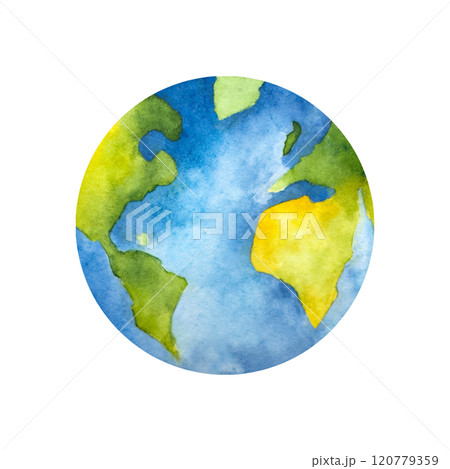 Planet earth. Watercolor hand drawn earth day globe illustration isolated on background. Agriculture, organic gardening, planting or ecology. Environmental, earth day. For designers, postcards 120779359