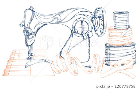 Vintage retro sewing machine with ribbon bobbins, indigo beige, sewing craft supplies. Hand drawn ink vector illustration. Composition isolated on white background. Design atelier, tailor, hobby shop Vintage retro sewing machine with ribbon bobbins, indigo beige, sewing craft supplies. Hand drawn ink vector illustration. Composition isolated on white background. Design atelier, tailor, hobby shop 120779759