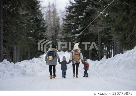 Rear view of family is enjoying winter holiday in the mountains, holding hands while walking through the snowy forest. Rear view of family is enjoying winter holiday in the mountains, holding hands while walking through the snowy forest. 120779873