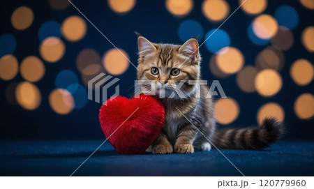 Adorable tabby kitten holding a red heart on a glittery surface with a bokeh background, symbolizing love and affection. Valentines day 120779960