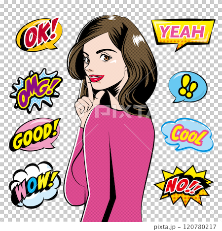 美國漫畫風格的女人插畫和演講泡沫設置 A 美國漫畫風格的女人插畫和演講泡沫設置 A 120780217
