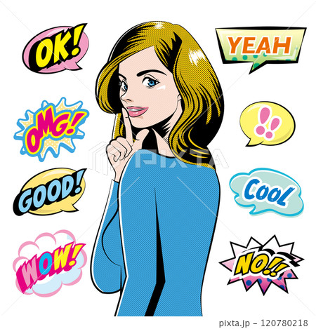 アメコミ風ウーマンイラストと吹き出しSET B 120780218