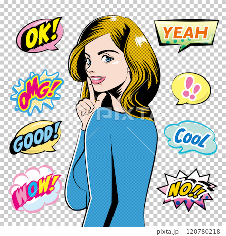 アメコミ風ウーマンイラストと吹き出しSET B 120780218