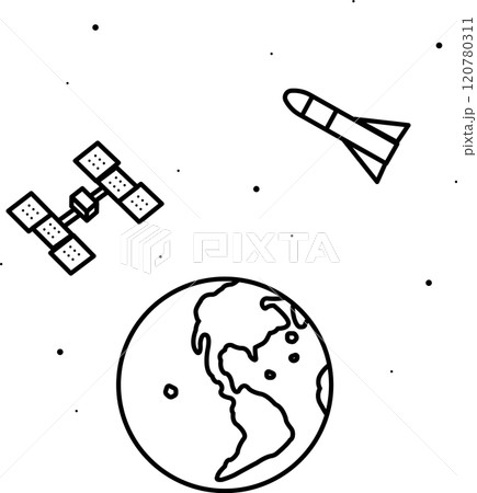 ロケットと人工衛星と地球のイラスト　線画のみ 120780311