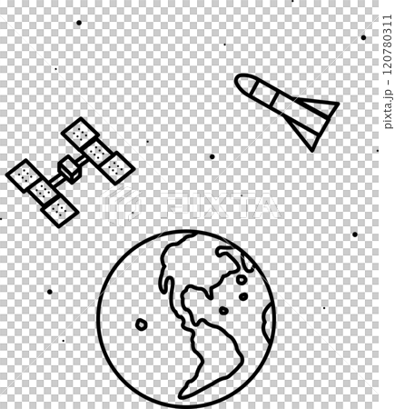 ロケットと人工衛星と地球のイラスト　線画のみ 120780311