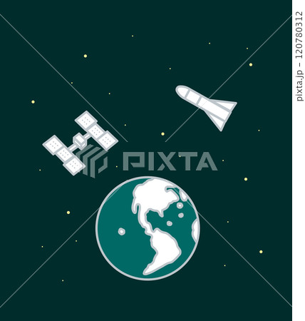 ロケットと人工衛星と地球のイラスト 120780312