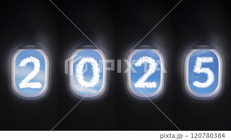 cloud 2025 outside the plane window, four airplane windows open white window shutter wide with blue sky view and white cloud in 2024 shape 120780384