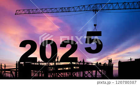 crane lifting number 5 come down to 2025 , prepare for welcome start of beginning new year 2025 with silhouette construction site and worker staff team cooperate together , sunrise sky at background crane lifting number 5 come down to 2025 , prepare for welcome start of beginning new year 2025 with silhouette construction site and worker staff team cooperate together , sunrise sky at background 120780387