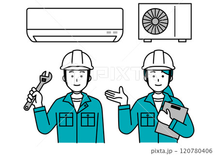 エアコンのトラブルを解決する修理業者の男女 エアコンのトラブルを解決する修理業者の男女 120780406