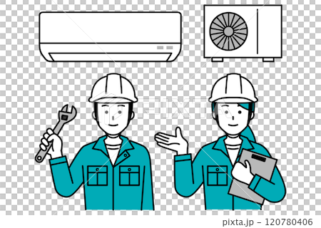 エアコンのトラブルを解決する修理業者の男女 エアコンのトラブルを解決する修理業者の男女 120780406