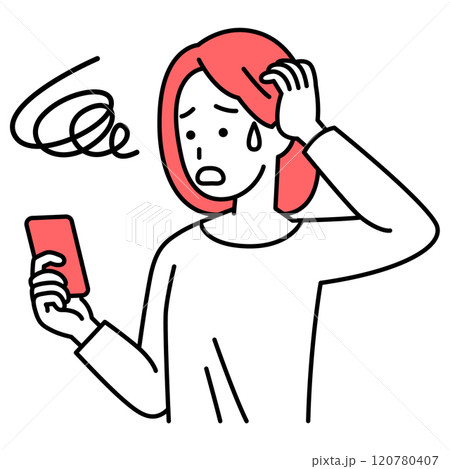 スマートフォンの操作でトラブルになるカジュアルな女性 120780407