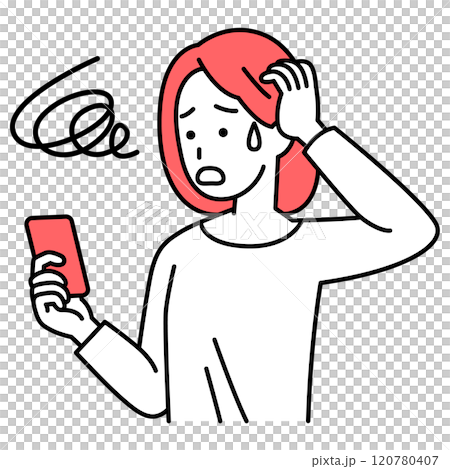 スマートフォンの操作でトラブルになるカジュアルな女性 120780407