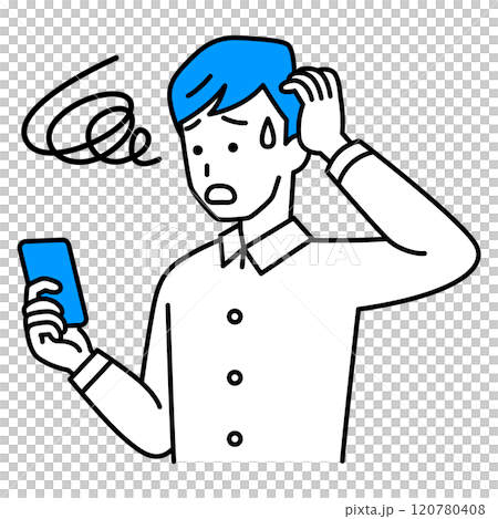 スマートフォンの操作でトラブルになるカジュアルな男性 120780408