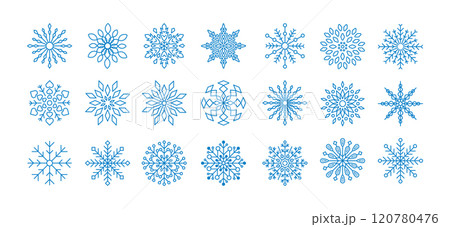 Blue snowflakes vector set for winter design element. Silhouette snowflakes isolated on white background. Freeze symbol icon collection. Snow Ice crystal shape graphic. 120780476