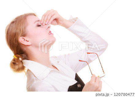 Headache. Woman suffering from head pain isolated. 120780477