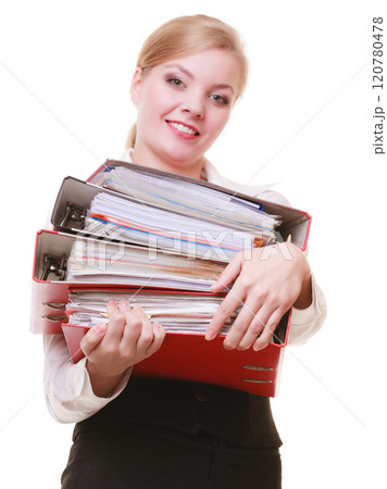 Paperwork. Businesswoman carrying stack of documents 120780478