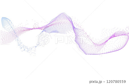 Wave of many lines flowing particles, abstract dotted wavy stripes purple blue gradient, vector curvy dynamic stream 120780559