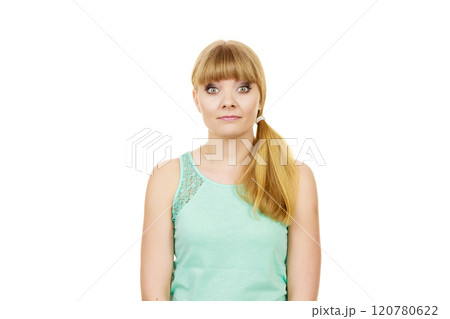 Concerned scared shocked woman 120780622