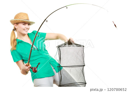 Woman with fishing rod, spinning equipment Woman with fishing rod, spinning equipment 120780652