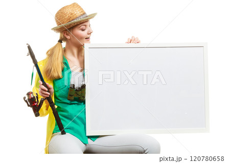 Happy woman with fishing rod holding board 120780658