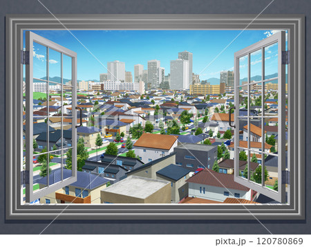 都市　家　住宅　街　CG　窓からの風景　街並み　青空 120780869