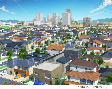 都市　家　住宅　街　イラスト　CG　BG　街並み　背景　青空 120780928