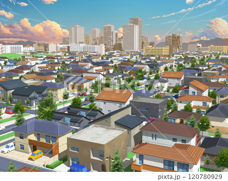 都市　家　住宅　街　イラスト　CG　BG　街並み　背景　劇的空 120780929