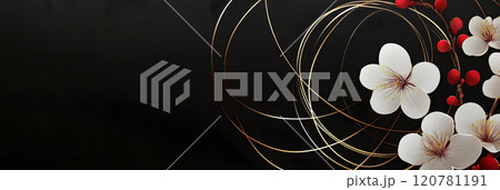 正月のイメージ。黒背景に浮かぶ華やかな和風花模様 120781191