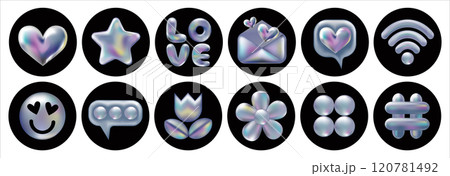 3d holographic retro 90 icons set. Chrome Heart, Star, Hashtag, Envelope, Wi-Fi, Daisy Flowers, Smile, abstract shapes isolated on black. Future galaxy aesthetic, 3D chrome bubble art. Metal glossy 120781492