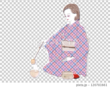 A woman in a kimono pouring hot water into a tea bowl with a ladle during a tea ceremony 120781661