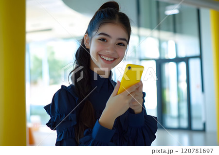 黄色のスマートフォンを持つ若い女性の笑顔 120781697
