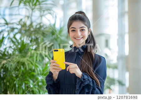 黄色のスマートフォンを持つ若い女性の笑顔 120781698