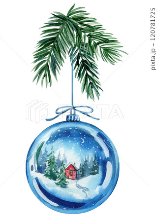 Blue bauble with pine branch. Christmas ornament decoration isolated. Watercolor Winter landscape in crystal snowball 120781725
