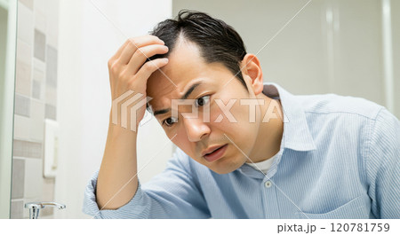 額の生え際が明らかに後退していることを自覚する男性 額の生え際が明らかに後退していることを自覚する男性 120781759