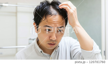 頭部の中央から薄毛になり始めている男性 頭部の中央から薄毛になり始めている男性 120781760