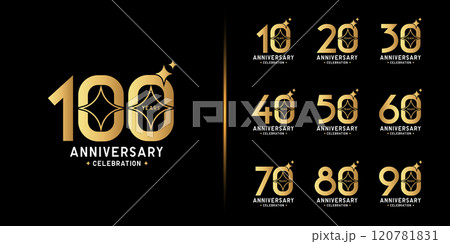 Premium anniversary logotype set. Golden anniversary celebration emblem design. 120781831