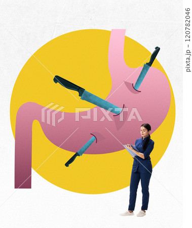 Contemporary art collage. Stomach with knives stabbed into it, observed by doctor, symbolizing pain and treatment. 120782046