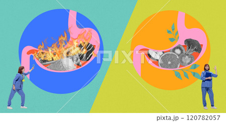 Contemporary art collage. Split image showcasing effects of diet on stomach health, with one side representing fiery unhealthy food and other fresh healthy food. 120782057