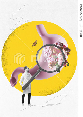 Contemporary art collage. Magnifier revealing flowers inside 3D pink stomach, symbolizing care and holistic approaches to digestive health. 120782058
