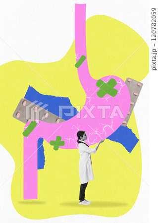 Contemporary art collage. Stomach patched with bandages and pills, symbolizing recovery and treatment of gastrointestinal problems. 120782059
