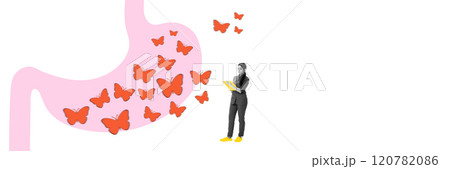 Contemporary art collage. Woman, nurse observing butterflies in pink stomach, representing emotional feelings or gastrointestinal health. 120782086