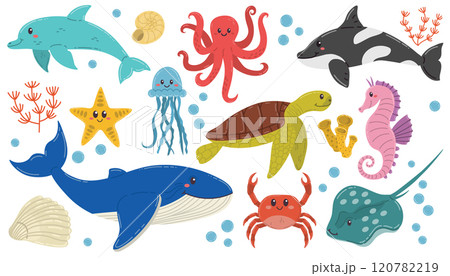 Cute cartoon happy sea animals in flat style. Ocean fauna collection isolated on white background. Whales and turtle, seahorse and shells, octopus and crab. 120782219