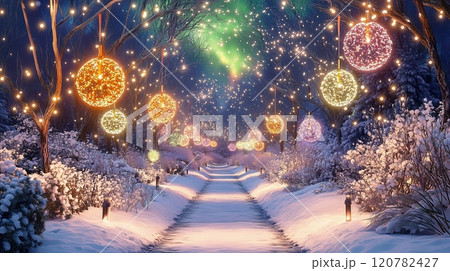 雪に包まれたイルミネーションの道 - 高解像度で描かれる幻想的な冬の夜 120782427