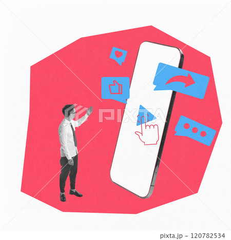 Contemporary art collage. Man dressed official attire standing touching smartphone with digital icons against colorful background. Contemporary art collage. Man dressed official attire standing touching smartphone with digital icons against colorful background. 120782534