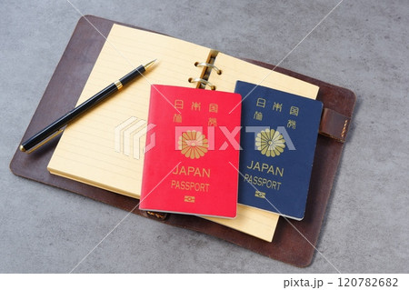 パスポート（10年用と5年用）とシステム手帳（トラベラーズノート）で、海外旅行を計画しているイメージ 120782682
