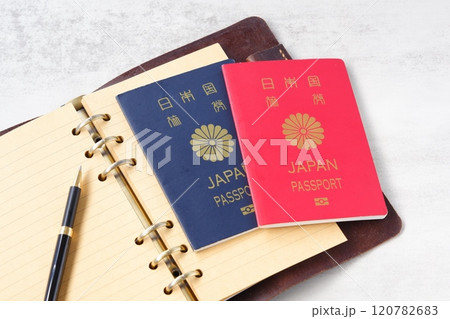パスポート(10年用と5年用)とシステム手帳(トラベラーズノート)で、海外旅行を計画しているイメージ パスポート(10年用と5年用)とシステム手帳(トラベラーズノート)で、海外旅行を計画しているイメージ 120782683
