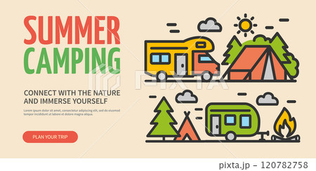 Camping Season Summer Camp Concept Horizontal Invitation Placard Poster Banner Card Template. Vector 120782758