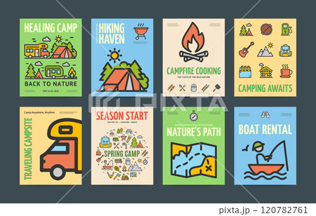 Camping Concept Vertical Invitation Placard Poster Banner Card Template Set. Vector Camping Concept Vertical Invitation Placard Poster Banner Card Template Set. Vector 120782761